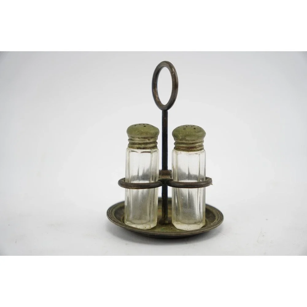 Antique Albert Pick & Co Salt Pepper Shaker Set with Metal Holder 3650